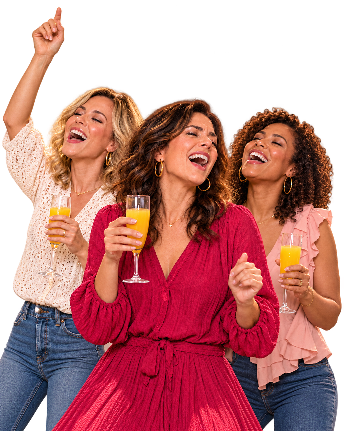 Three friends singing together and raising mimosa flutes on a pink theater stage