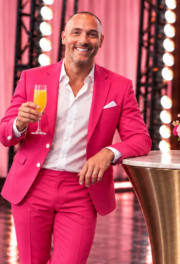 DJ Nick Duvé in a bright pink suit holding a mimosa on a pink theater stage
